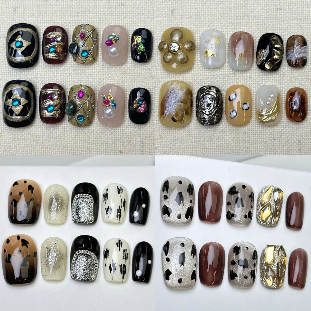 

Handmade Acrylic Short Square Maillard Fake Nails Spice Girl Leopard Print Cat Eyes Glisten Diamond Full Cover Press On Nails
