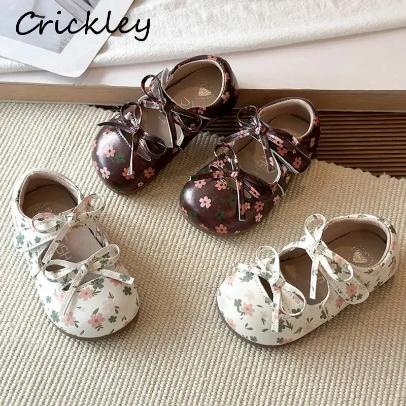 Flowers Pattern Kids Flats Shoes Bow PU Leather Toddler Girls Princess Shoes Anti Slip Soft Bottom Children Mary Janes