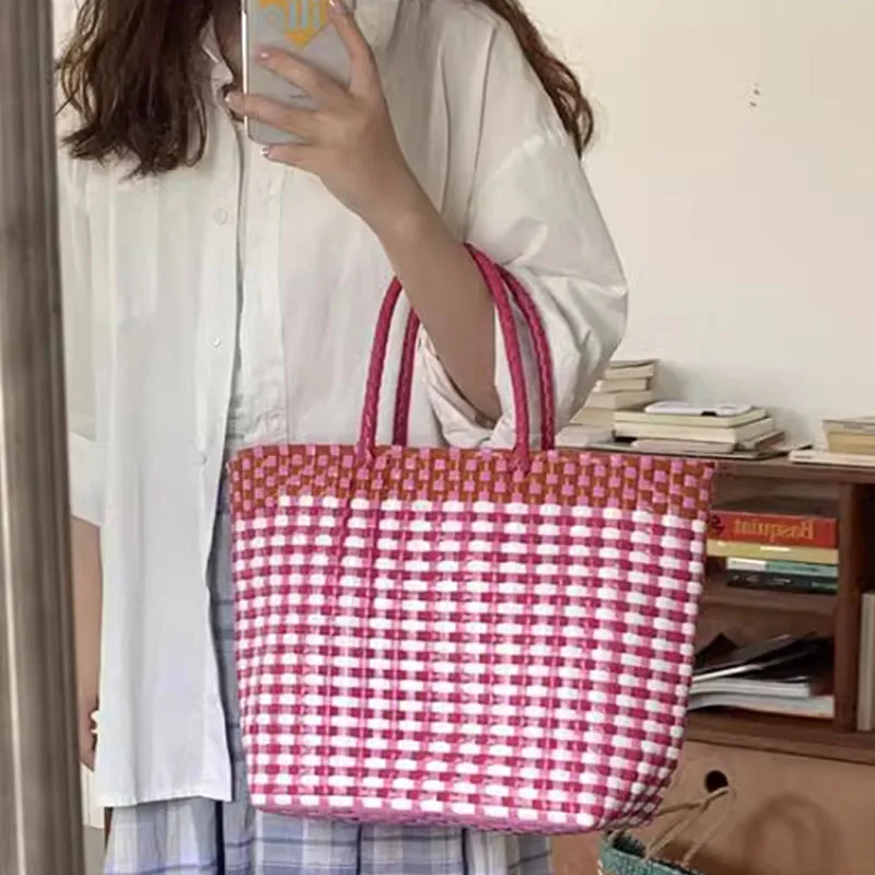 Large capacity woven handbag 2024 new contrasting plaid woven women bag tote bag shopping bag travel bag