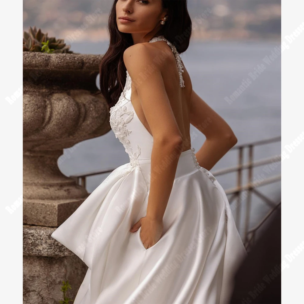 Vestidos De novia lisos con cuello en V para mujer, Vestidos De novia sexys, simples, superficie De satén brillante, esponjoso, línea A, longitud De trapeado, Vestidos De princesa