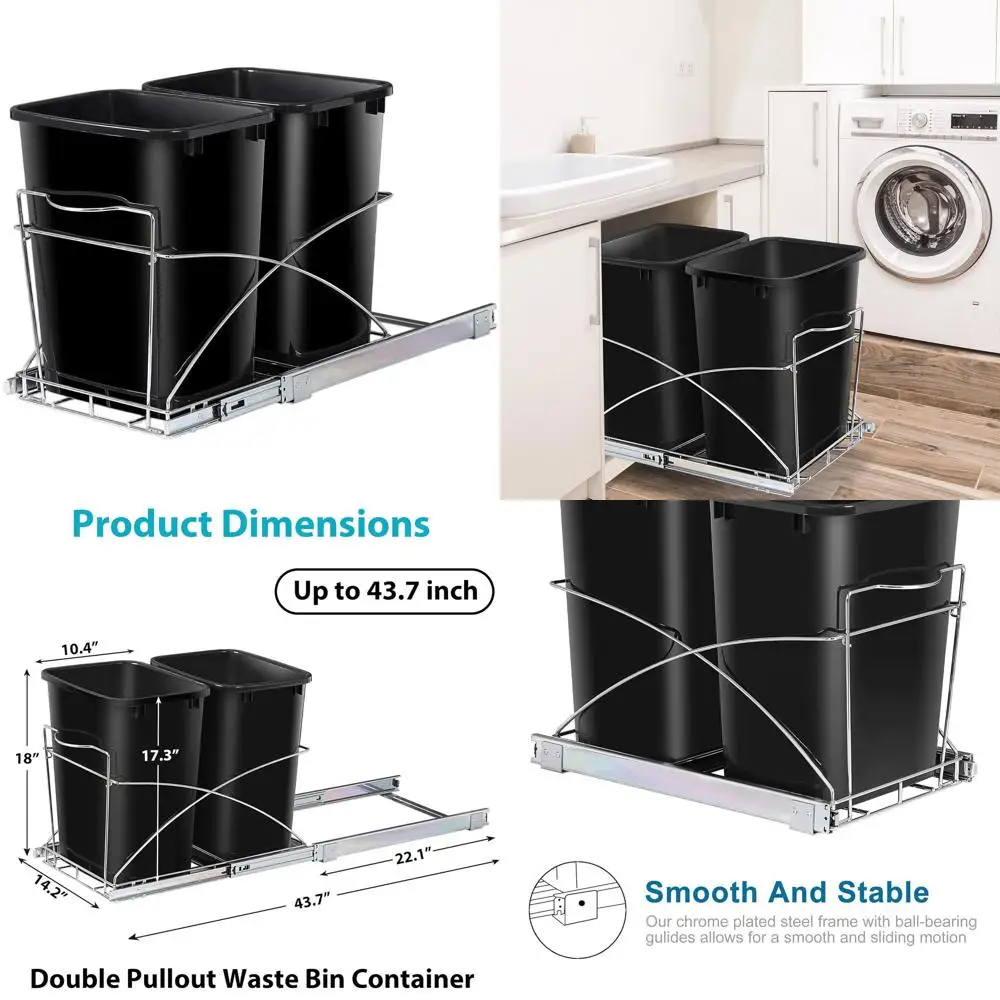 

35-Quart Pull-Out Trash Can with Bottom Mount, Chrome Wire, 44 lbs Load Capacity, Black