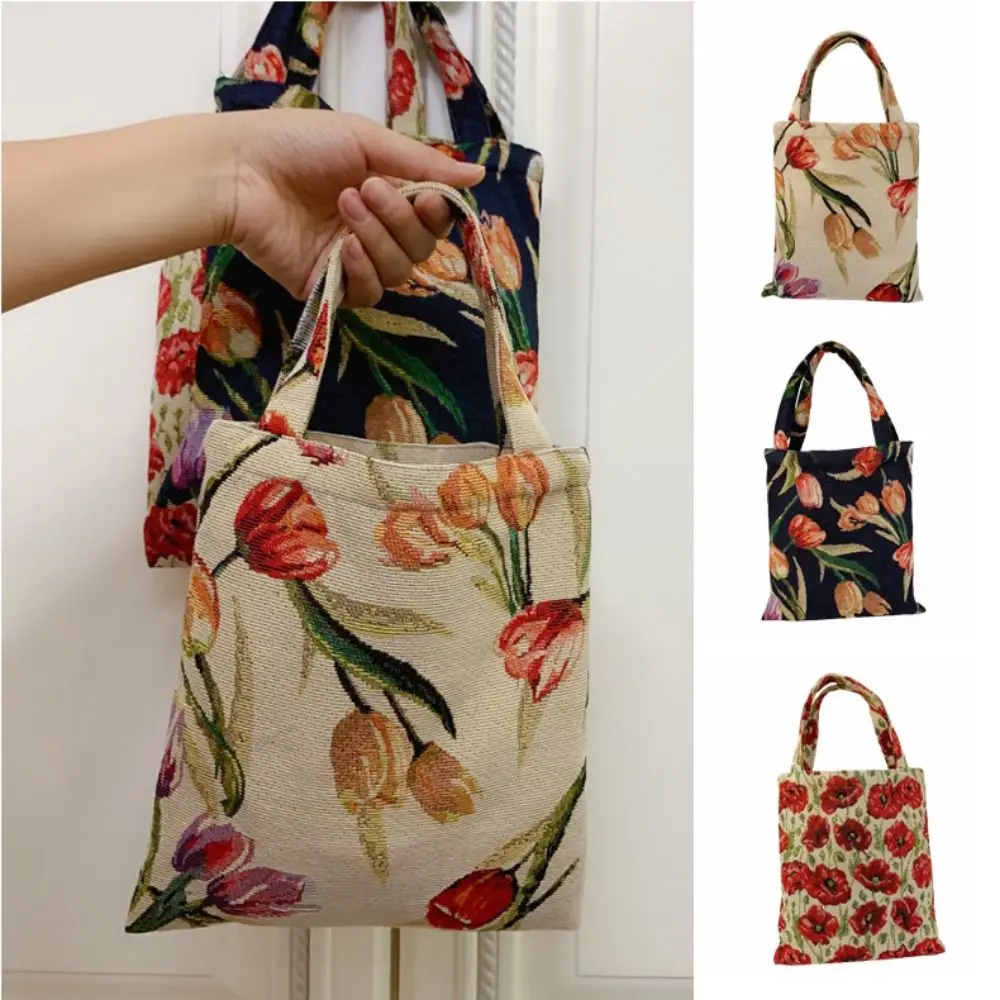 Vintage Flower Clutch Purse Tulip Flower Printed Handle Vintage Shoulder Bags Portable Household Retro Flower Handbag