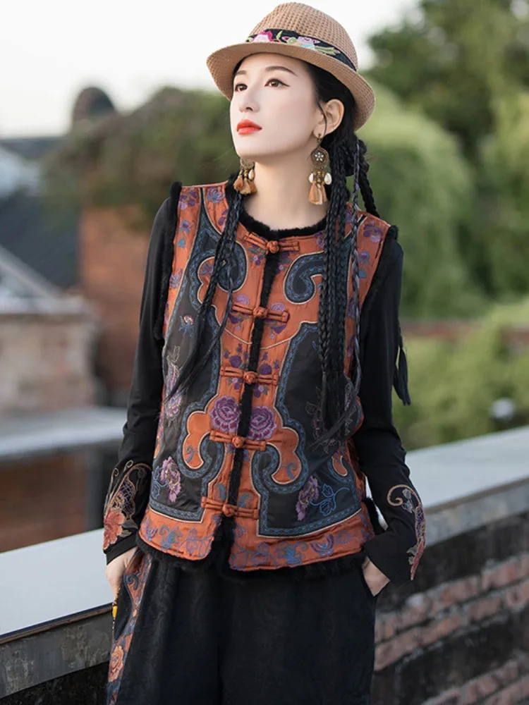 Retro Ethnic Style Embroidered Sleeveless Waistcoat Warm Vest Suit Coat Women