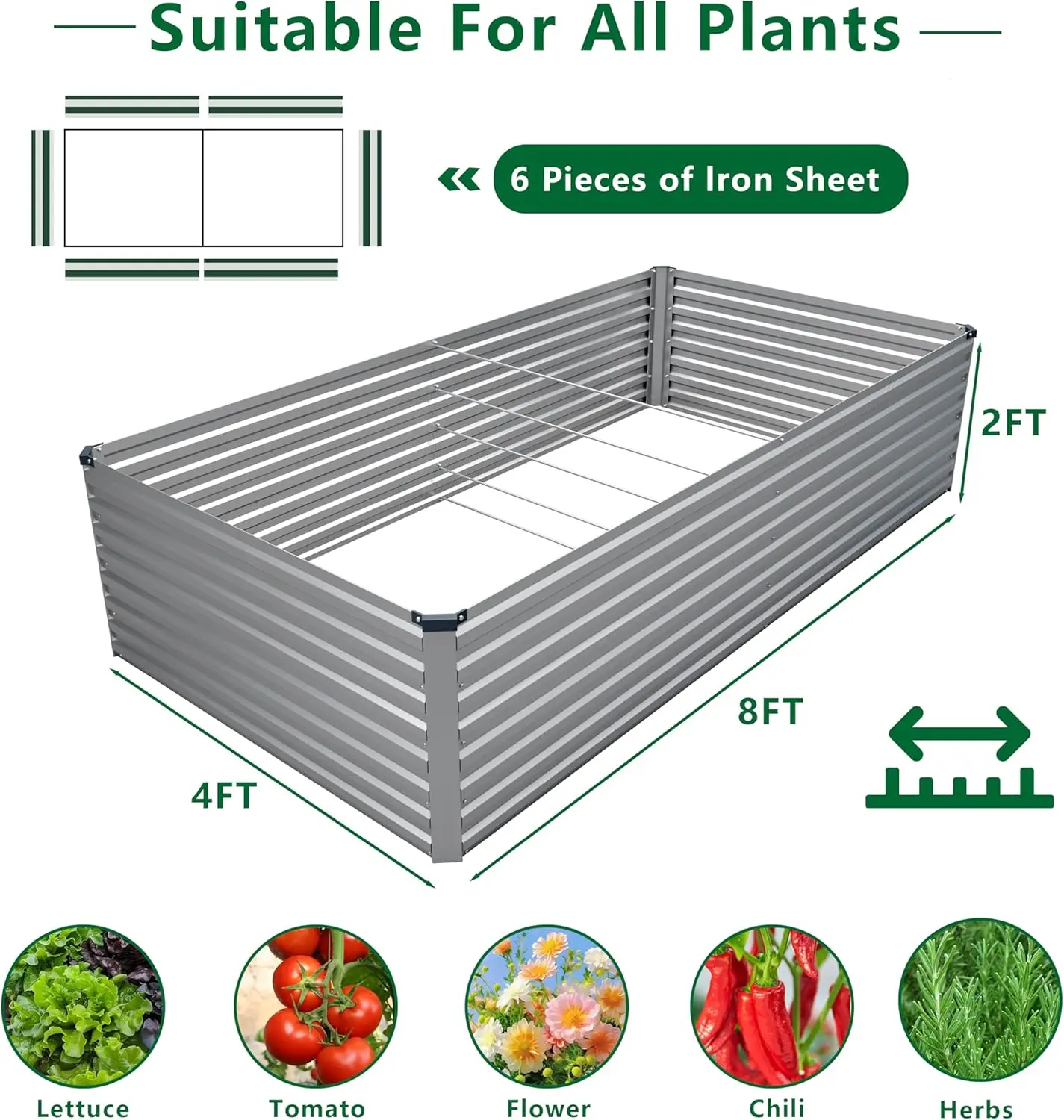 Galvanized Raised Garden Bed Kit Outdoor Patio,8x4x2ft Large Rectangular Metal Planter Boxes,Deep Root Box Planter for Gardening,Vegetables,Flowers,Herbs-Silver
