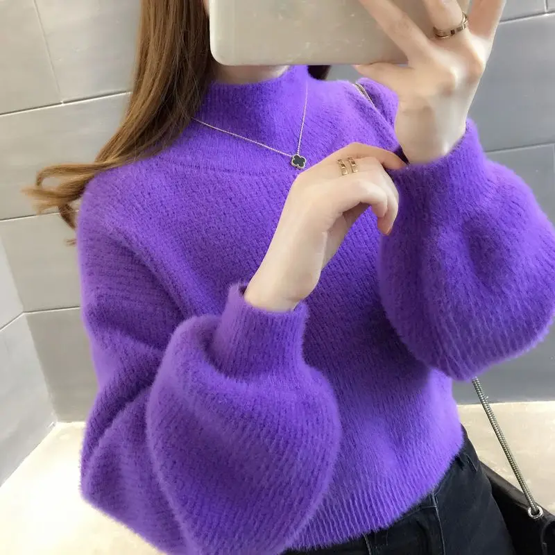 Loose Vintage Harajuku Sweater Lantern Long Sleeve Women Pullover Mink Wool Knitted Short Style Loose Chic Multicolor Sweater