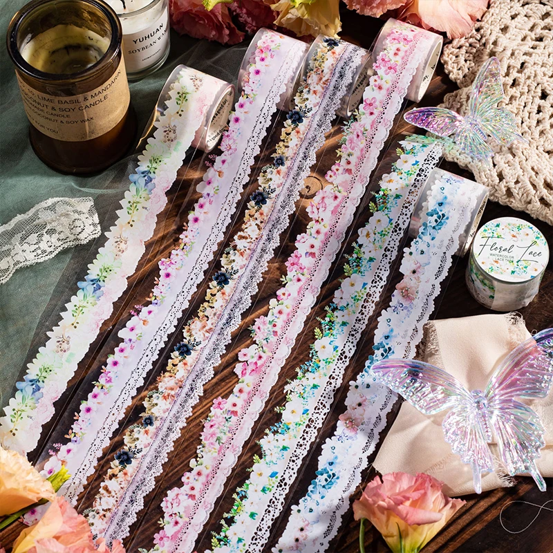 Yoofun 3x200cm Floral Lace Collage Junk Journal PET Tape Vintage Flower Material Creative DIY Scrapbooking Masking Tape