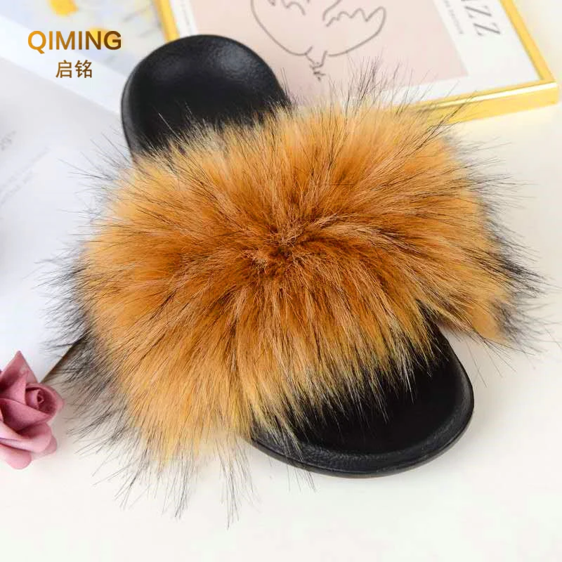 Faux Fur Slippers Summer Fur Slides For Women Furry Slippers Fluffy Sandals Open Toe Fuzzy Indoor Outdoor Shoes Plush Flip Flops