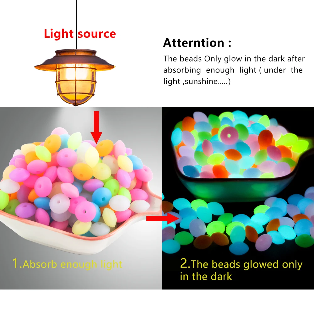 50Pcs 12MM Luminous Silicone Lentil Beads Glow In The Dark Loose Spacer Bead DIY Bracelet Necklace For Jewelry Making