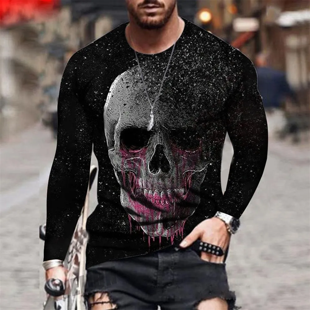 O-Neck Long Sleeve Plus Size T-shirt Men\'s Clothing Retro Men\'s Long Sleeve T-shirt 3D Printing Skull Long T-shirt Men\'s Street