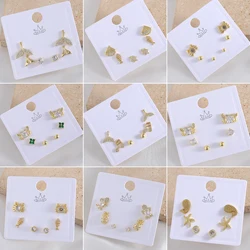 SUNSLL 3Pairs/Set Gold Plated Starfish/Crab/Fishbone Stud Earrings Simple Cubic Zircon Daily Party Jewelry For Women Girls