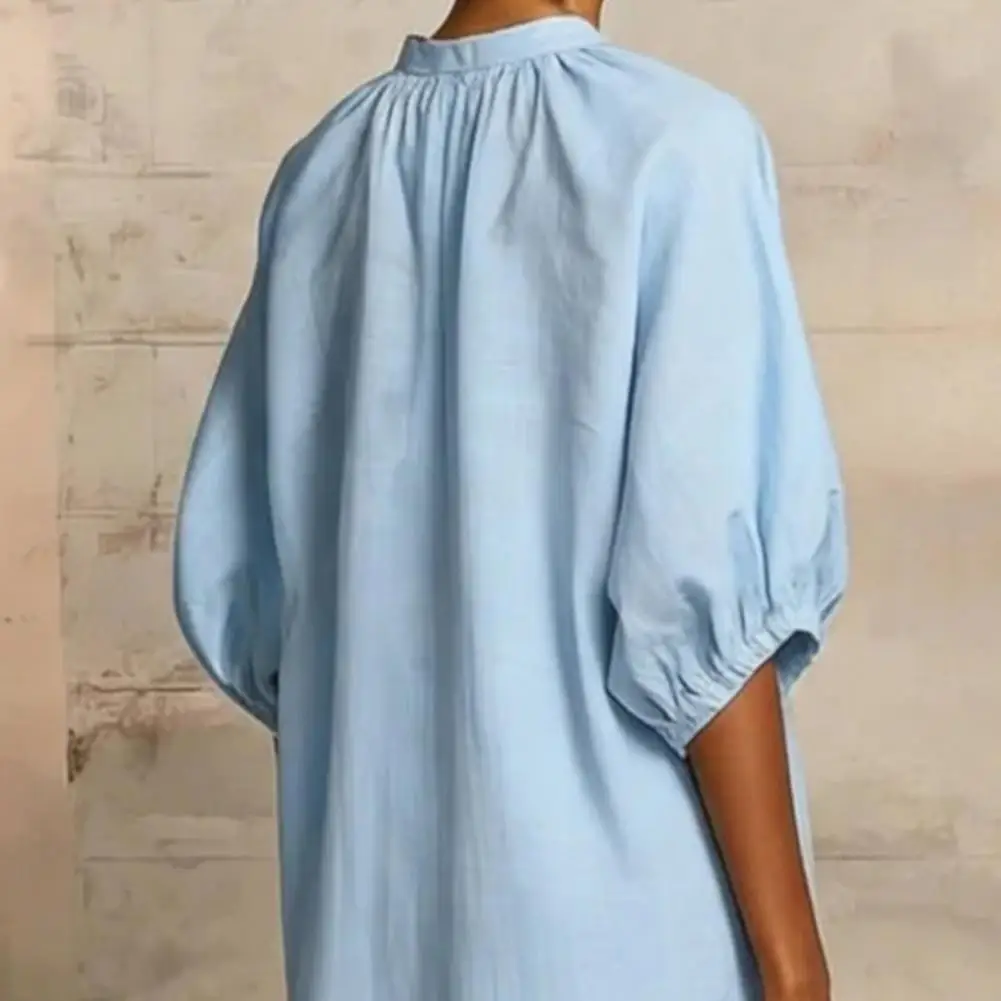 

Elegant Cotton And Linen Dress Casual Puff Half Sleeve Long Tunic Dress Retro Style Zip Up Crew Neck Vacation Dress With Pockets