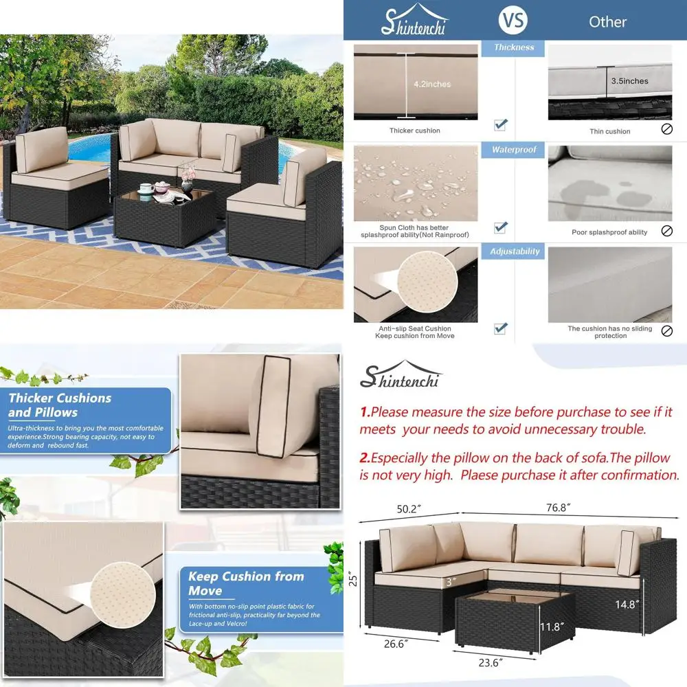 

5-Piece Black PE Wicker Outdoor Patio Sectional Sofa Set with Washable Cushions and Glass Coffee Table for Garden, Poolside, Bac