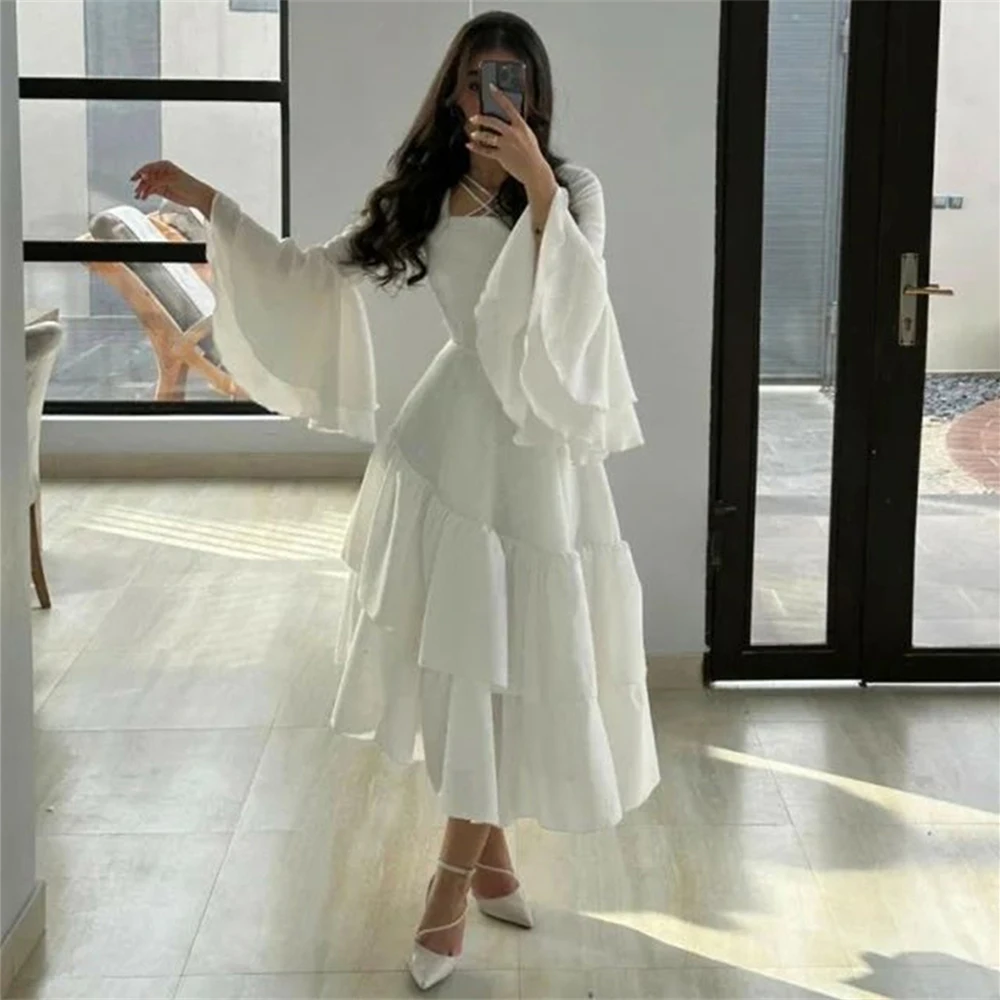 

Simple White Square Collar A-Line Chiffon Formal Occasion Prom Dresses Tea-length Women Evening Party Dress فساتين السهرة