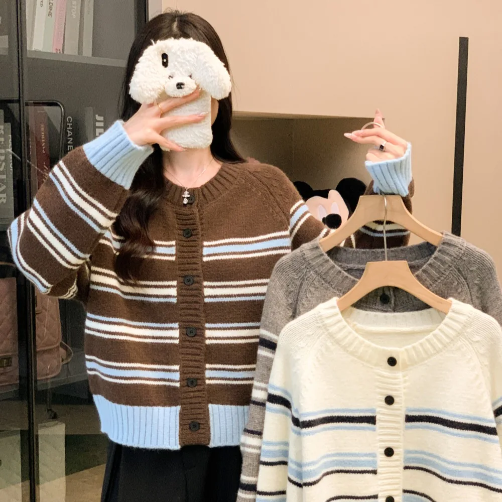 سترة صوفية مخططة على طراز الكلية برقبة دائرية وصدر واحد للخريف/الشتاء #4