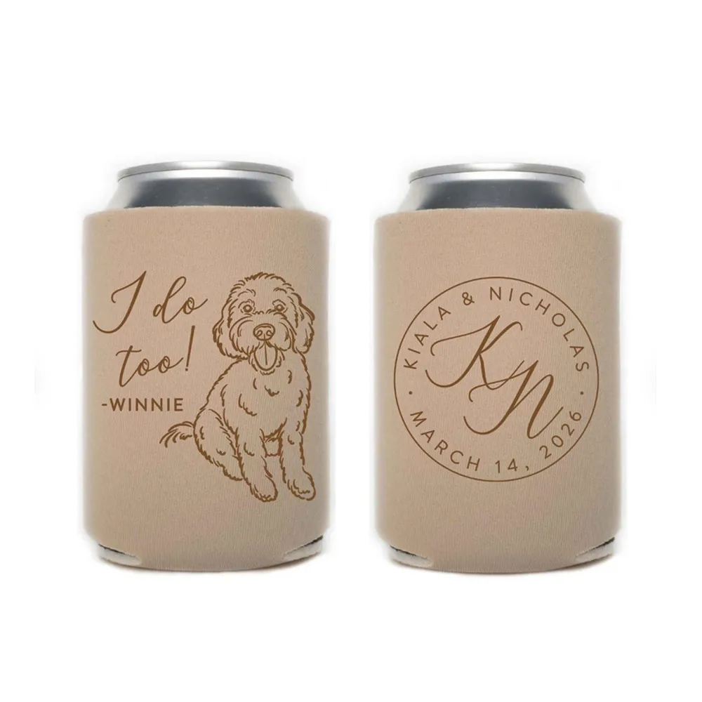 

Wedding Can Cooler #234R - Custom Pet Illustration - Monogram - Wedding Favors, Beverage Holder, Wedding Favor, Can Holder, Can