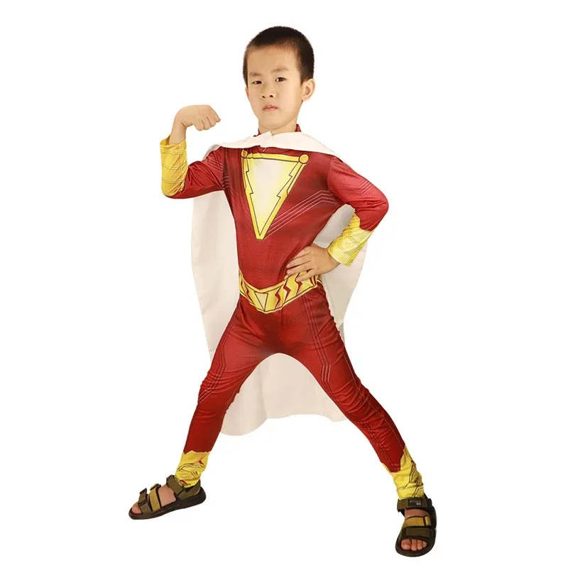 Billy Batson Shazam Costume Superhero Cloak Jumpsuit With Cosplay Movie Halloween Costumes For Kids Fancy Dress Up Festival