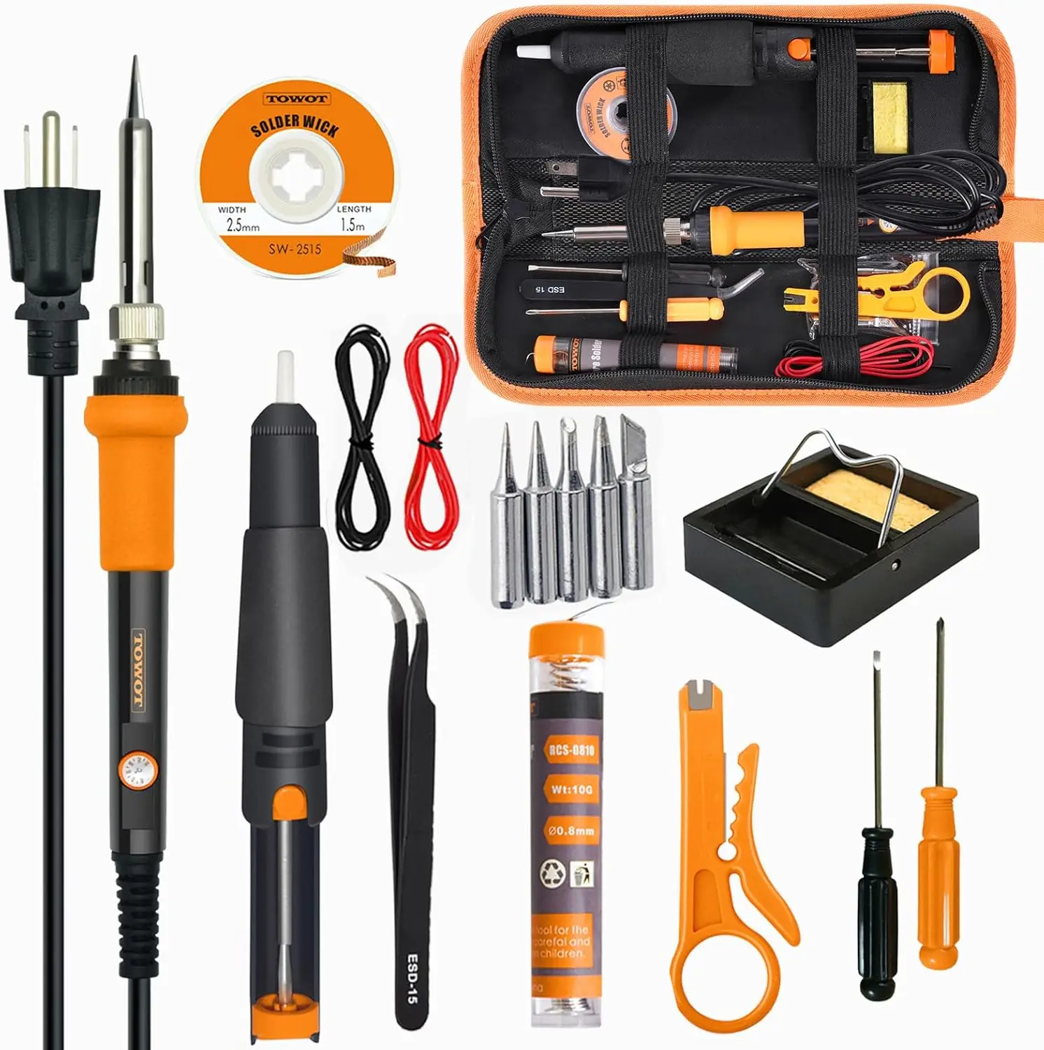

Soldering Iron Kit, 60W Adjustable Temperature 200-450°C, Desoldering Pump, Tin Wire, Tweezers, Stand, Wire Strippers, 5 Tips