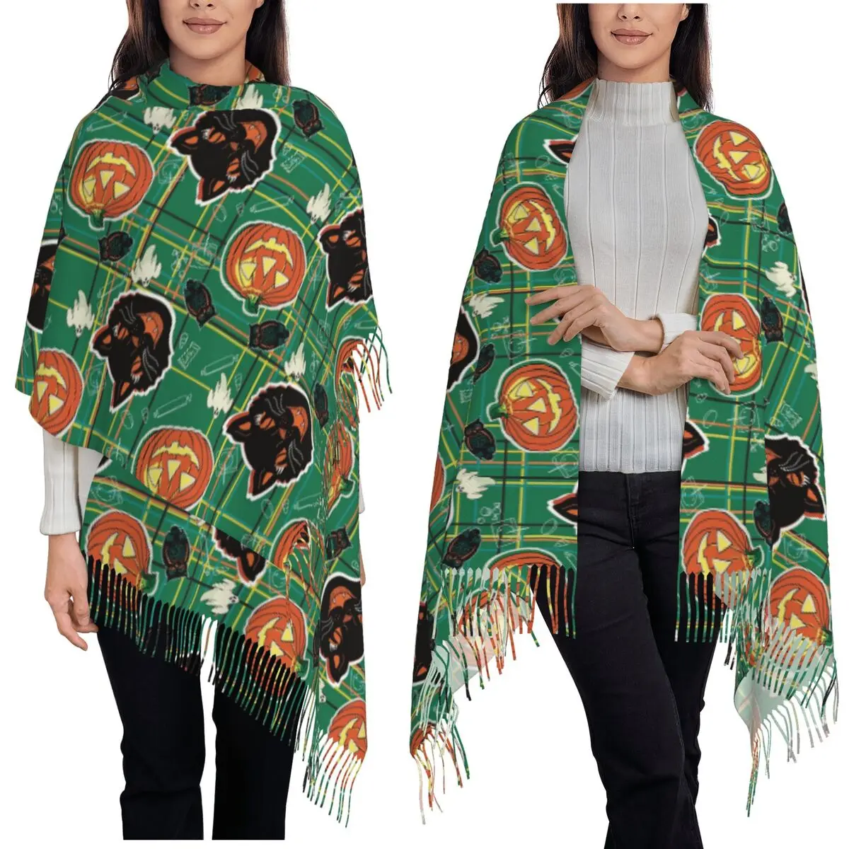 Halloween Black Cat And Pumpkin Pattern Scarf Tassel Scarves for Women Soft Warm Shawls and Wraps Long Fall Winter Shawl Wrap