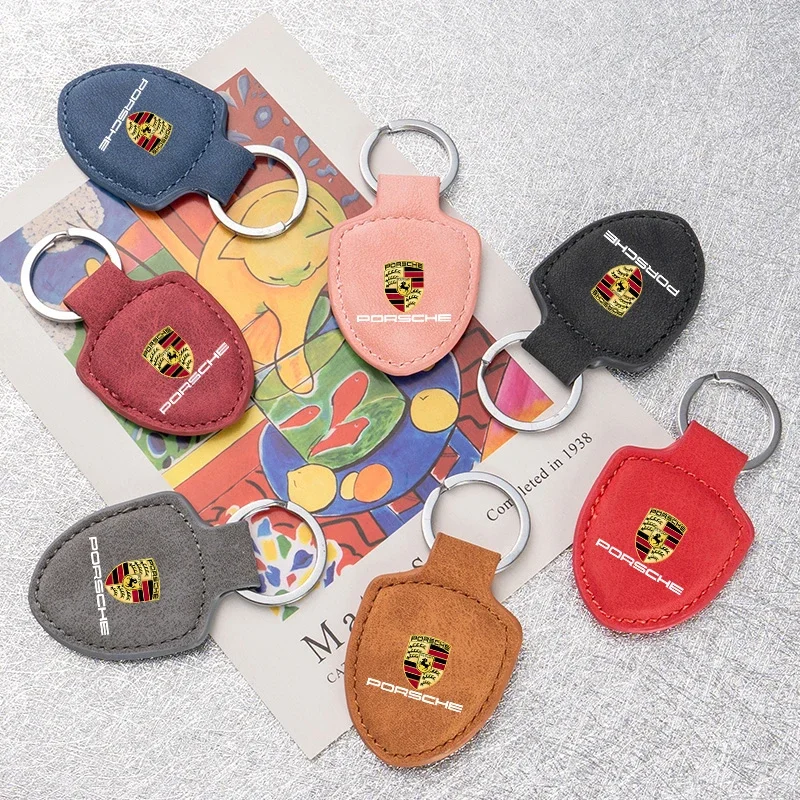 Leather Car Key Chain Ring Keychain Pendant Gifts For Porsche Panamera Cayenne Taycan 911 718 Macan Carrera-GT 928 944 Accessory