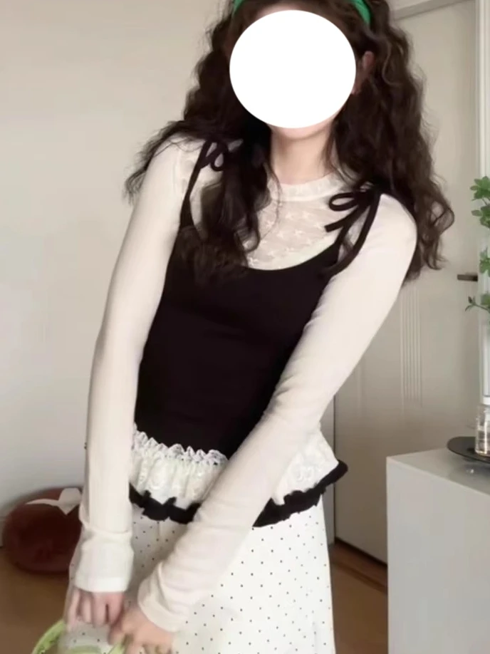 Korean Sle Girl's Lace Hem Fake Two-Piece T-irt Women's Slimming Inner Wear Top Design Sensation Autumn Winter Faion