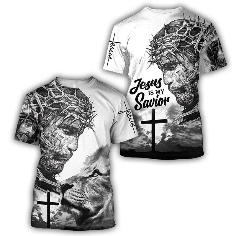 Jesus Cross Lion 3D Printed T-shirt Crusader Templar Men's Fashion Crew Neck Short Sleeve Handsome Personality Casual Daily Top