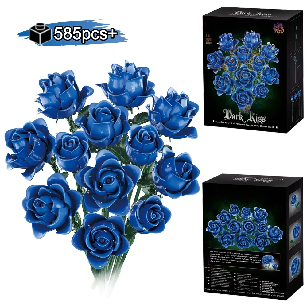 

MOC креативный букет синих роз, набор строительных блоков, украшение «сделай сам», романтическое украшение для стола, подарок на день Святого Валентина для женщин, 585 шт.
