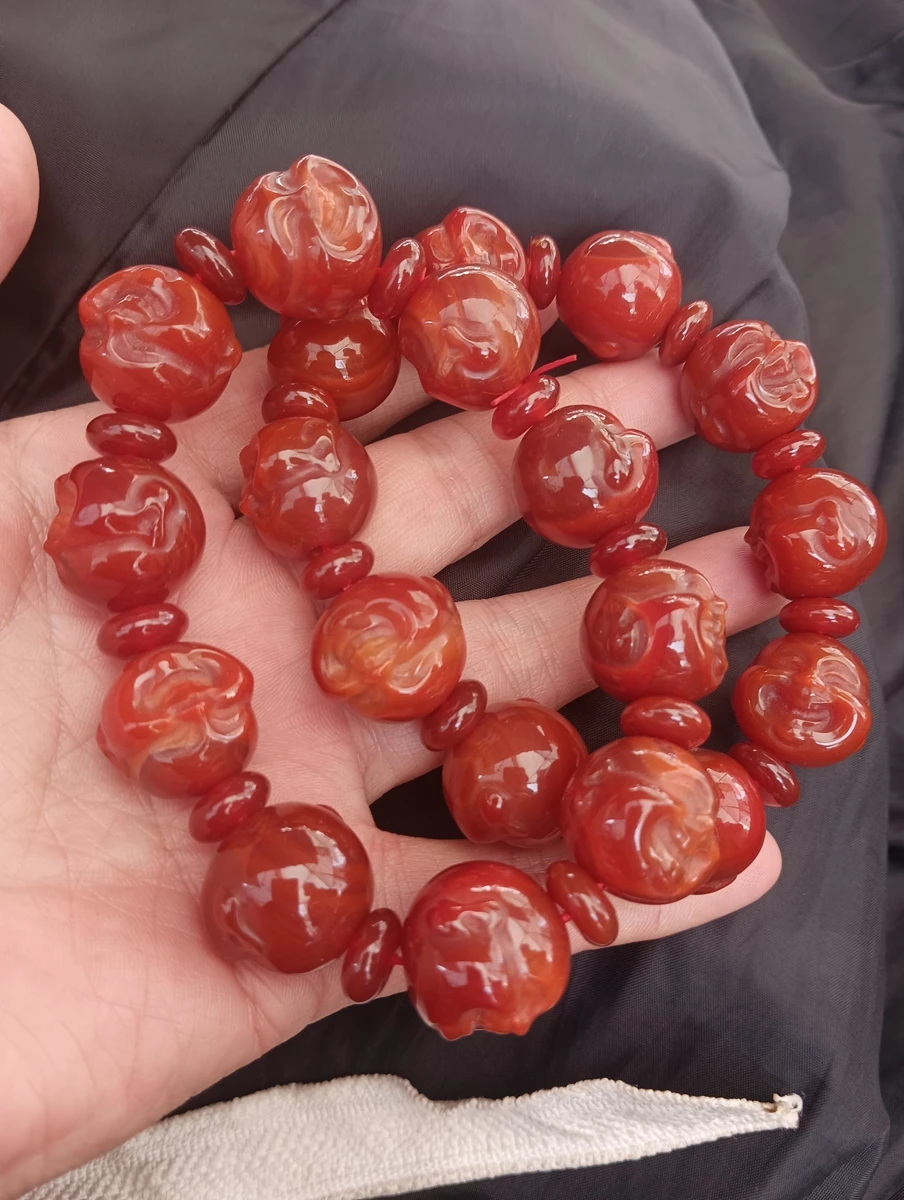 Handwork Carven Red Jade Mascot Rosary Bangle Buddha Head Bead Amulet Bracelets Bless Hanging Talisman