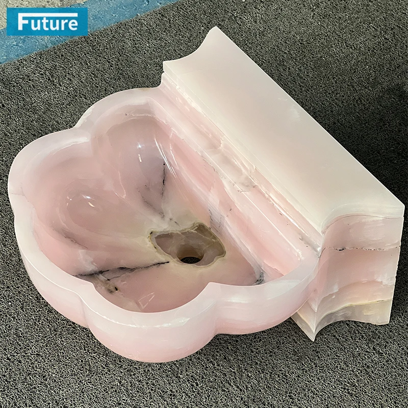 Luxury Modern Flower Shape Natural Stone Pink Onyx Bathroom Vanity Wash Basin Sink with One Hole for Hotel Villa Mansions