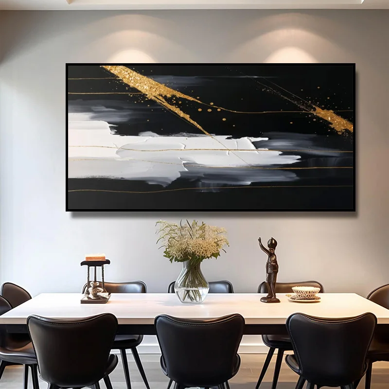 Special Artwork Black White Abstract Canvas Thick Oil Painting For Living Room Decor Large New Handpainted Golden Yellow Wall Ar