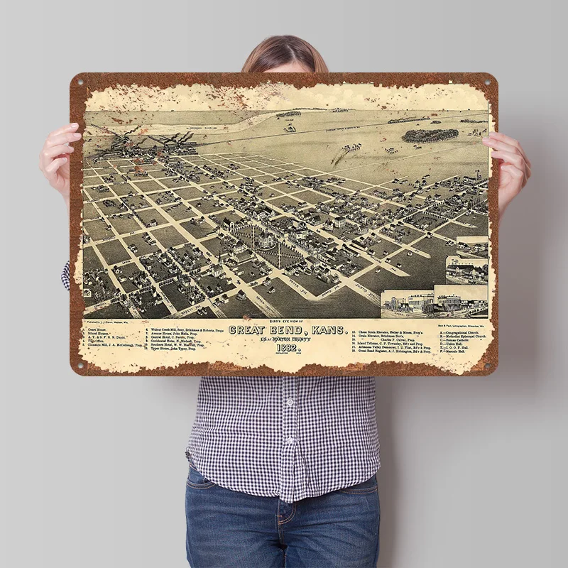 Great Bend Kansas 1882 Printed Poster Customized Wall Art Retro Vintage Metal Tin Signs for Room Man Cave Home Decoration Luxury
