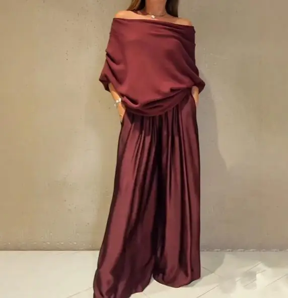 

Two Piece Set Women Outfit 2026 Spring Autumn New Off Shoulder Long Sleeve Loose Top & High Waist Casual Wide Leg Pants Set
