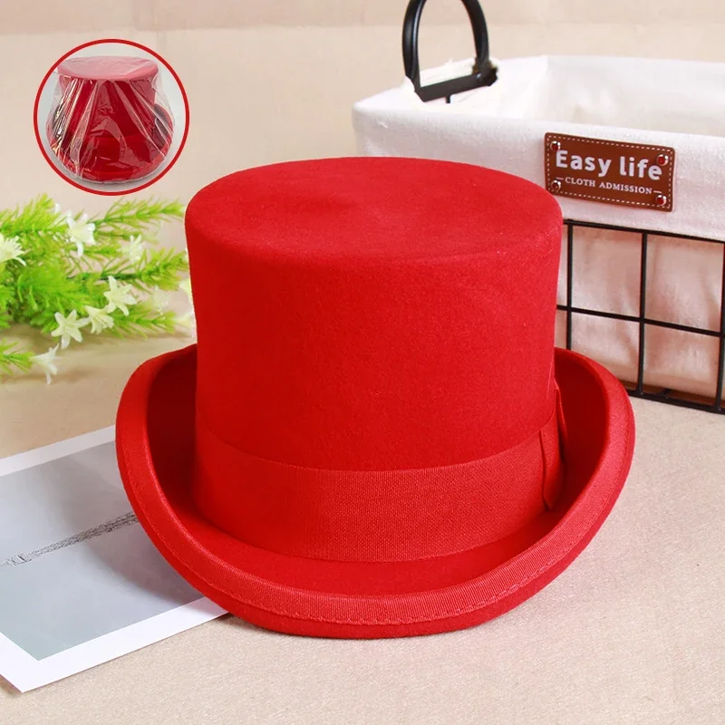 2024 Wool Flat Man Top Hat Fashion Fedora Versatile Magician Cap Gentleman Cylinder Strap Steampunk hat Elegant black luxury