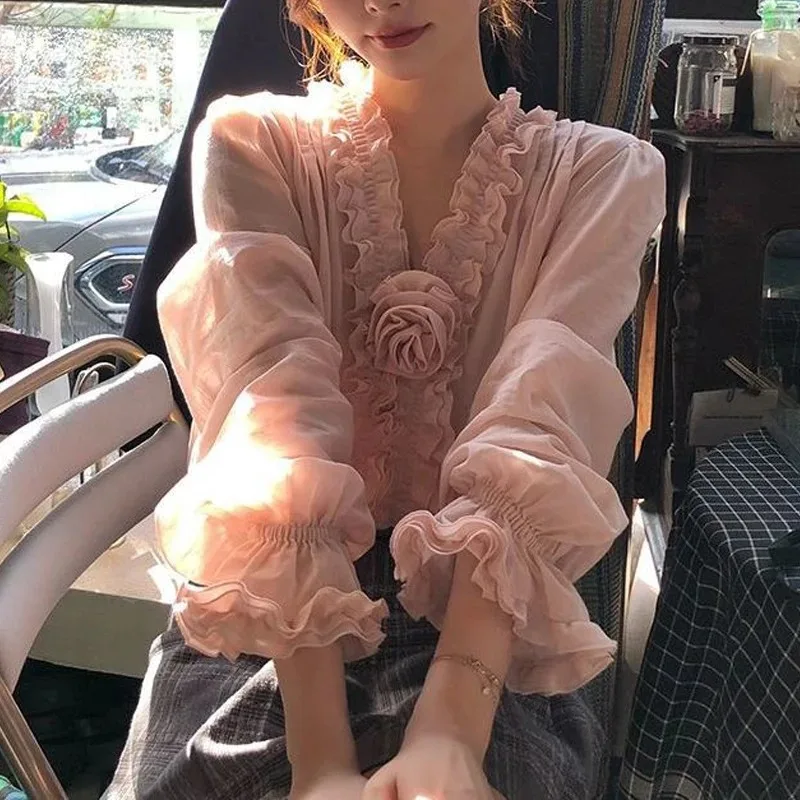

Women Stylish Ruffle 3D Floral Design Shirt Pink Sweet Chic Fairy Blouse Spring V Neck Long Sleeve Loose Tops Blusas Para Mujer