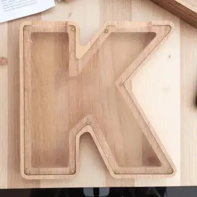 

Solid Wooden Alphabet Money Box Letter Shaped Saving Pot for Children Desktop Coin Container Transparent Money Bank Decor