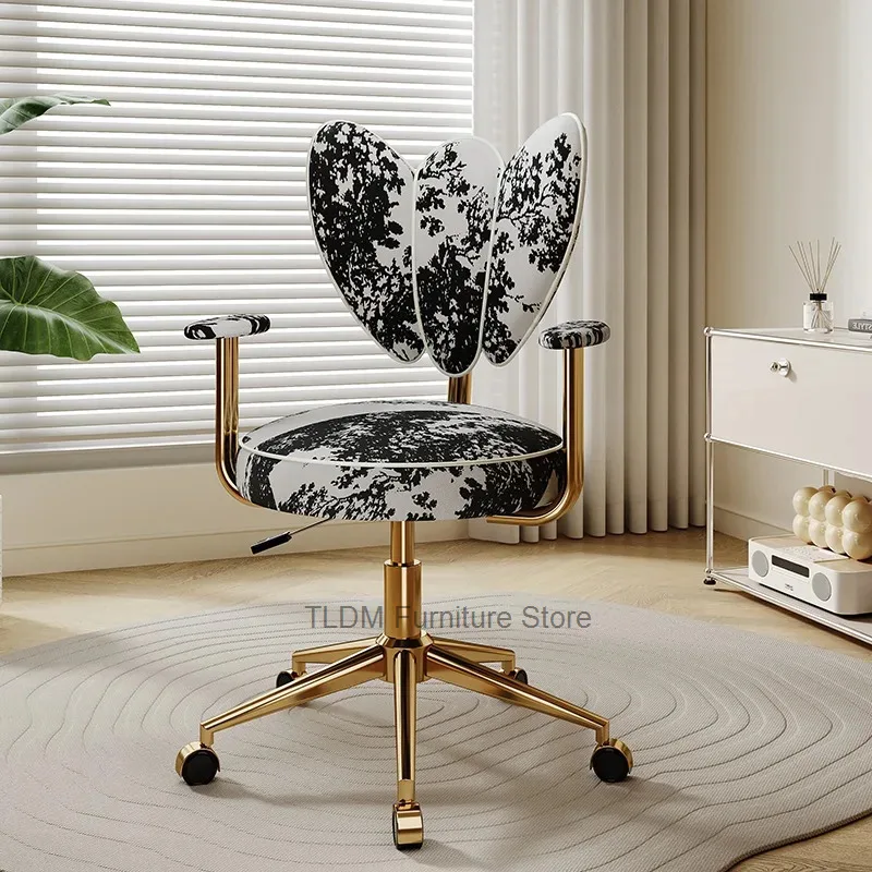 Base Modern Luxury Swivel Vanity Metal Chair & with Wheels, Butterfly Backrest, Upholstered Makeup Stool for Bedroom