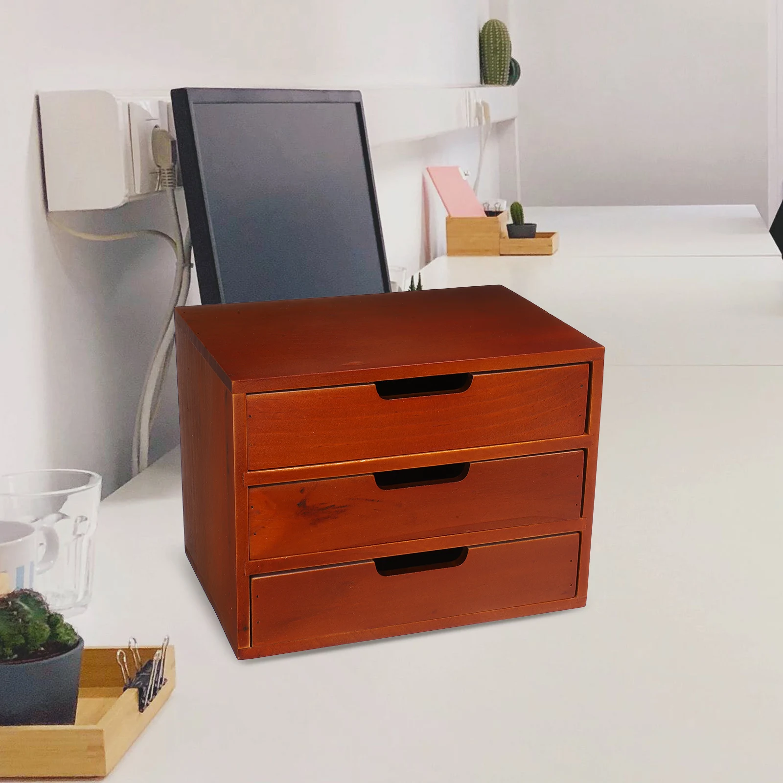 

Three Tier Storage Cabinet Desktop Organizer Wood Dresser Brown Large Capacity Desk Drawer Stationery Storage Solution