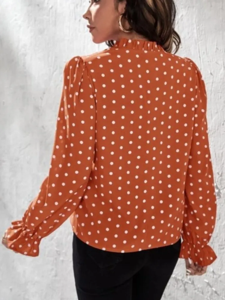 Zomer nieuwe collectie vrijetijdsmode top dames elegante stijl V-hals Polka Dot lange mouwen casual chiffon shirt vrouwelijke kleding