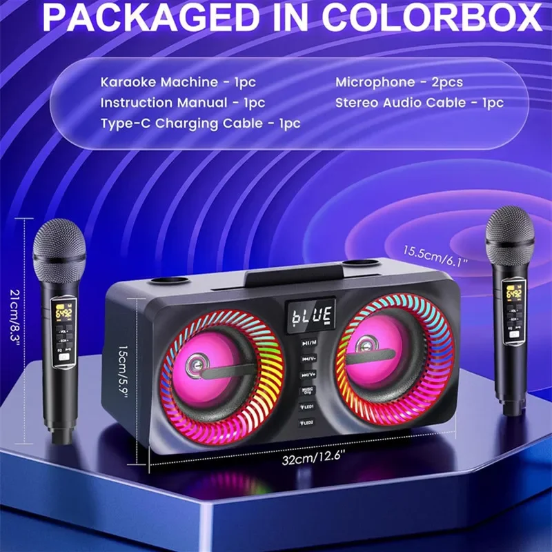 SD218 Wireless Karaoke Bluetooth Speaker PA System with 2 UHF Microphone Rhythm LED Lights USB/TF/AUX Portable Outdoor Subwoofer