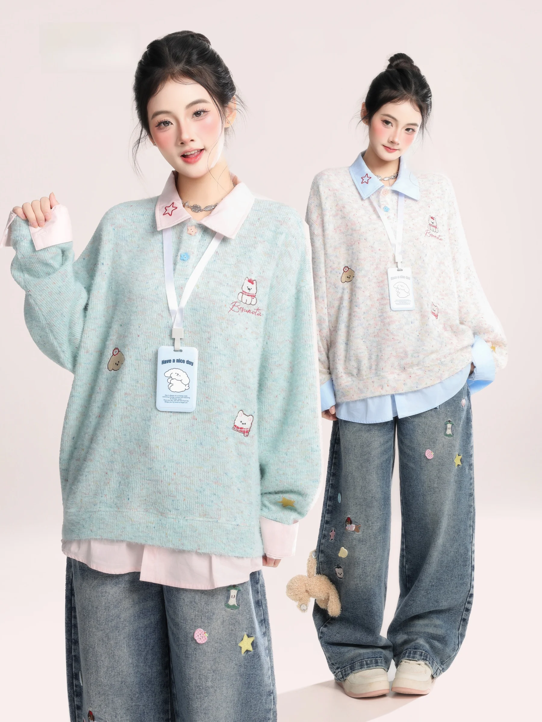 

Свободный вязаный свитшот с длинными рукавами для женщин, весна 2026, в корейском стиле, мягкий, с принтом собаки, имитация двухслойной куртки