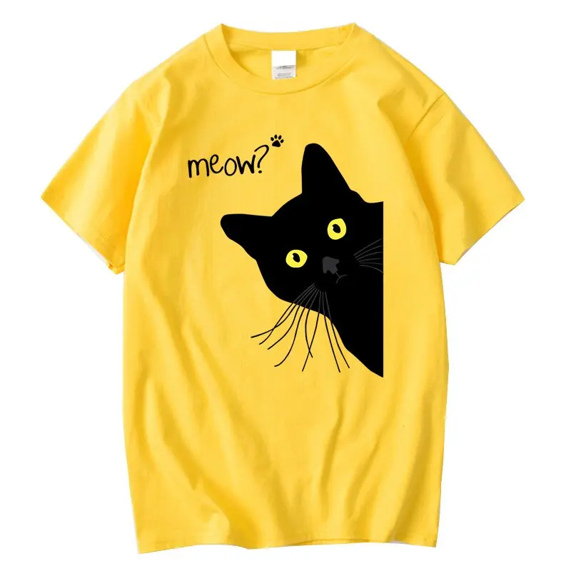 Meow Black Cat Funny Printing Men T-Shirts Tees Clothes Summer Streetwear Tops Male High Quality Loose Cotton Short Sleeve