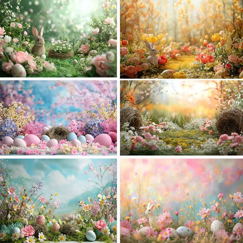 Easter Rabbit Party Backdrops Kids Children Photography Cake Smash Green Forest Flowers Wall Pink Background Photo Shoot Studio