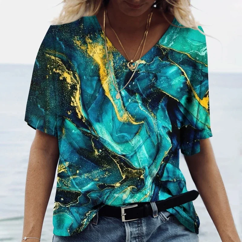 New women's 3D marble gradient print T-shirts, short-sleeved V-neck T-shirt, Y2K streetwear.