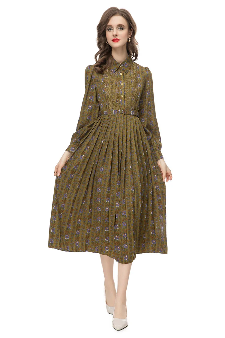 Spring Fashion Designer Vintage Print Pleated Dress Women Lapel Button Embroidery Sashes Gathered Waist Slim Long Dress