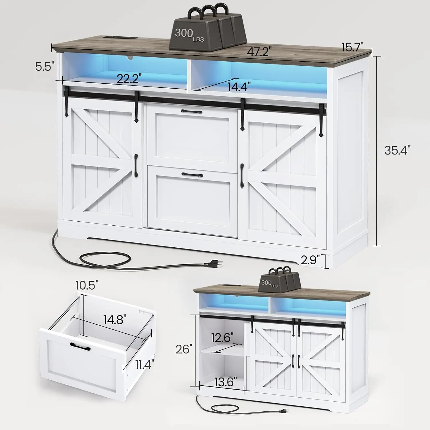 2-Drawer Filing Cabinet, Legal/Letter/A4, Farmhouse Barn Door, Power Outlet, Printer Stand, LED Light, White+Grey, Customized