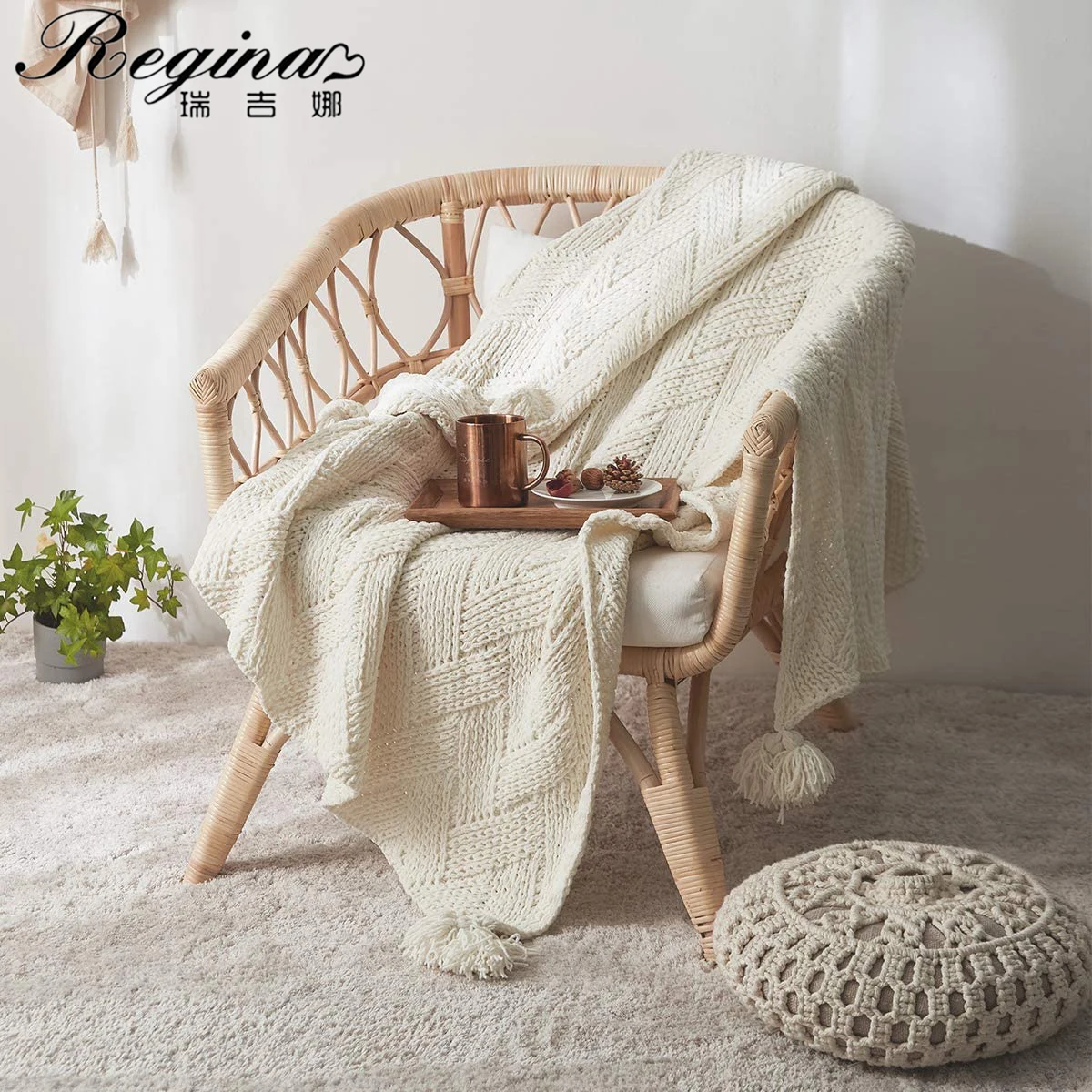 REGINA Nordic Chenille Throw Blanket For Sofa Bed Luxurious Knit Texture Tassel Home Decor Soft Cozy Elegant Stripe Blankets