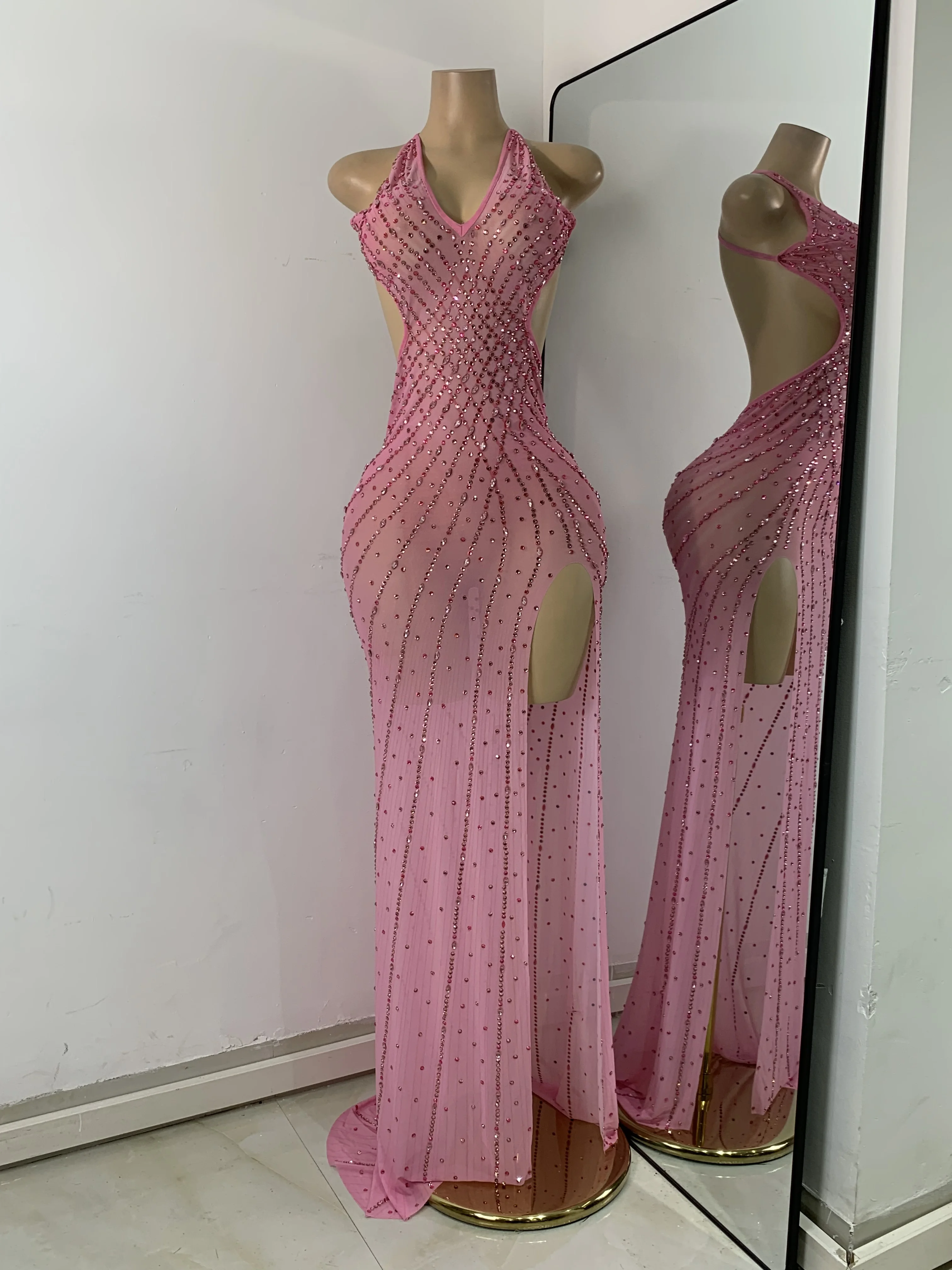 Vestido largo de princesa elegante rosa con diamantes de imitación de lujo, diseño Sexy de malla con abertura y espalda descubierta, vestidos transparentes para eventos especiales