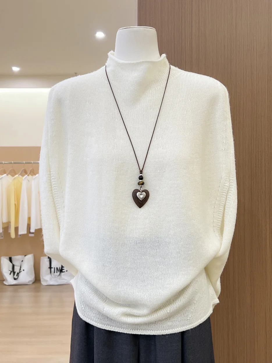 

White Half-High Collar Knitted Sweater Women Summer 2026 New Korean Style Batwing Sleeve Loose Versatile High-End Feeling Top