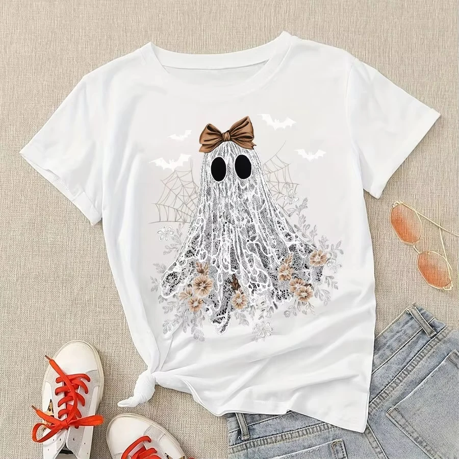 لطيف الدانتيل شبح بو DIY الكي نقل الحرارة ملصق مائي المرأة تي شيرت البلوز لصيف 2025