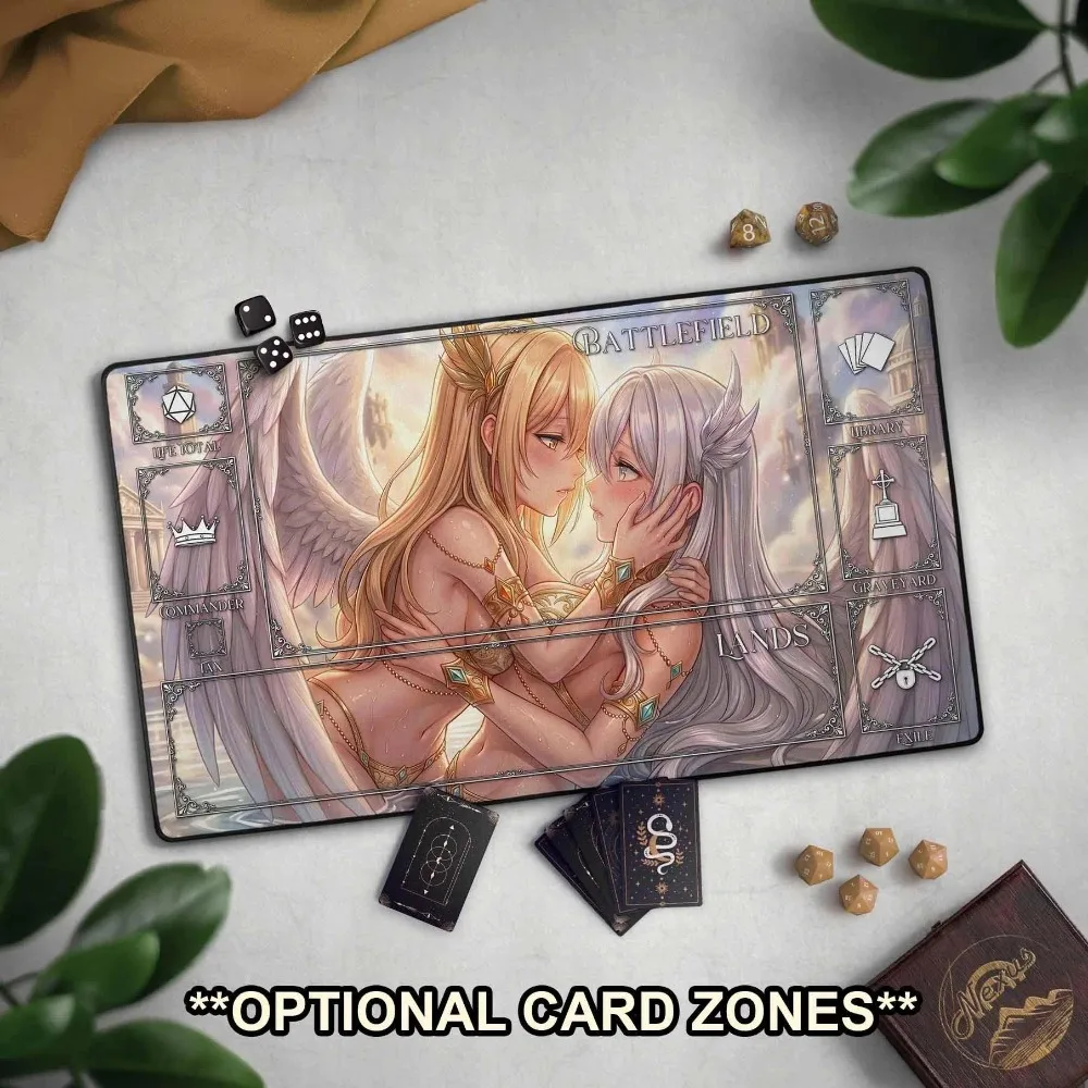 Celestial Angel Lovers EDH Playmat, Yuri Anime Waifu TCG Playmat, Large Extended Game Mat With premium Stitched Edges For Angel