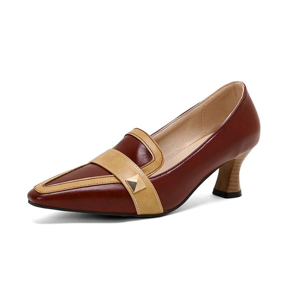 Elegant Women 5.5cm High Heels Slipony Pumps Retro Classic Pu Leather Lady Brown Office Roman Simple Shoes Biggest size 49 50 24